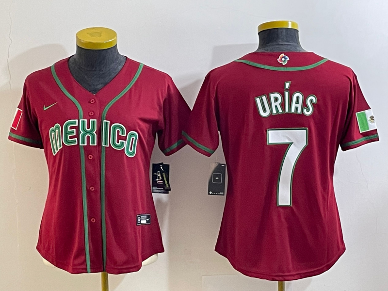 Women's Red Mexico Baseball #7 Julio Urías 2023 World Baseball Classic Stitched Jersey(Run Small)